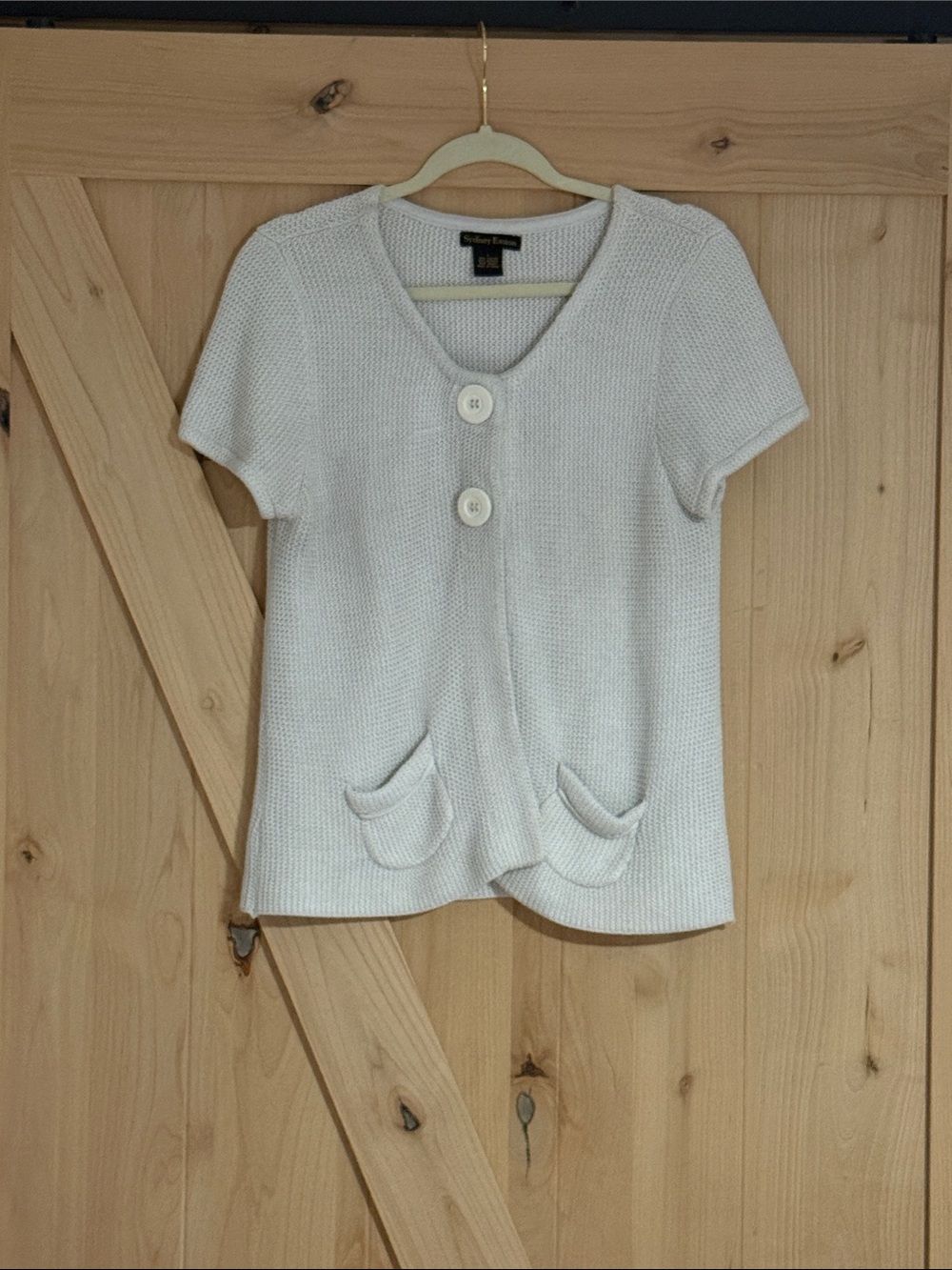 Soft Knit Short-Sleeve Cardigan with Pocket Detail in  Off white